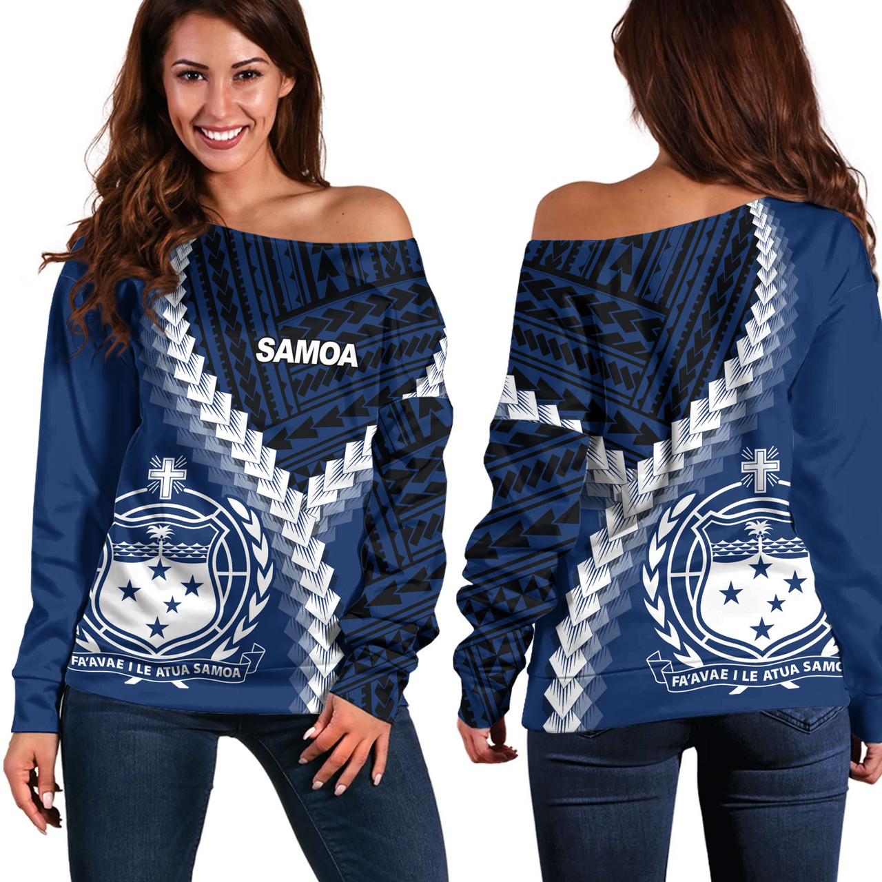 Samoa Off Shoulder Sweatshirt Samoa Coat Of Arms With Polynesian Tattoo Style