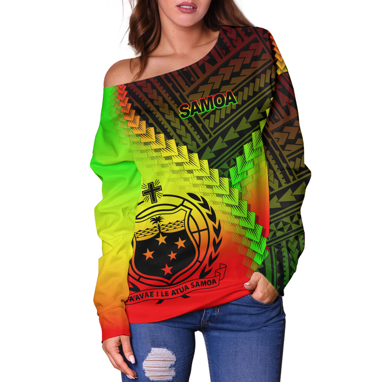 Samoa Off Shoulder Sweatshirt Samoa Coat Of Arms With Polynesian Tattoo Style