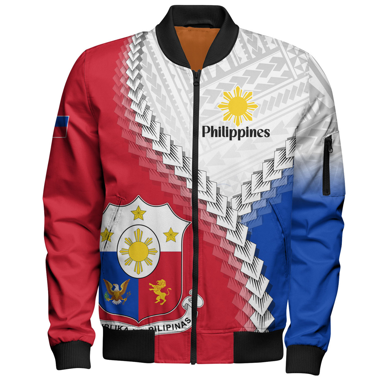 Philippines Filipinos Bomber Jacket Custom Filipino Coat Of Arms With Tribal Patterns Flag Style