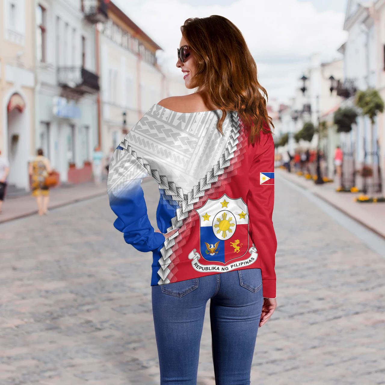 Philippines Filipinos Off Shoulder Sweatshirt Custom Filipino Coat Of Arms With Tribal Patterns Flag Style