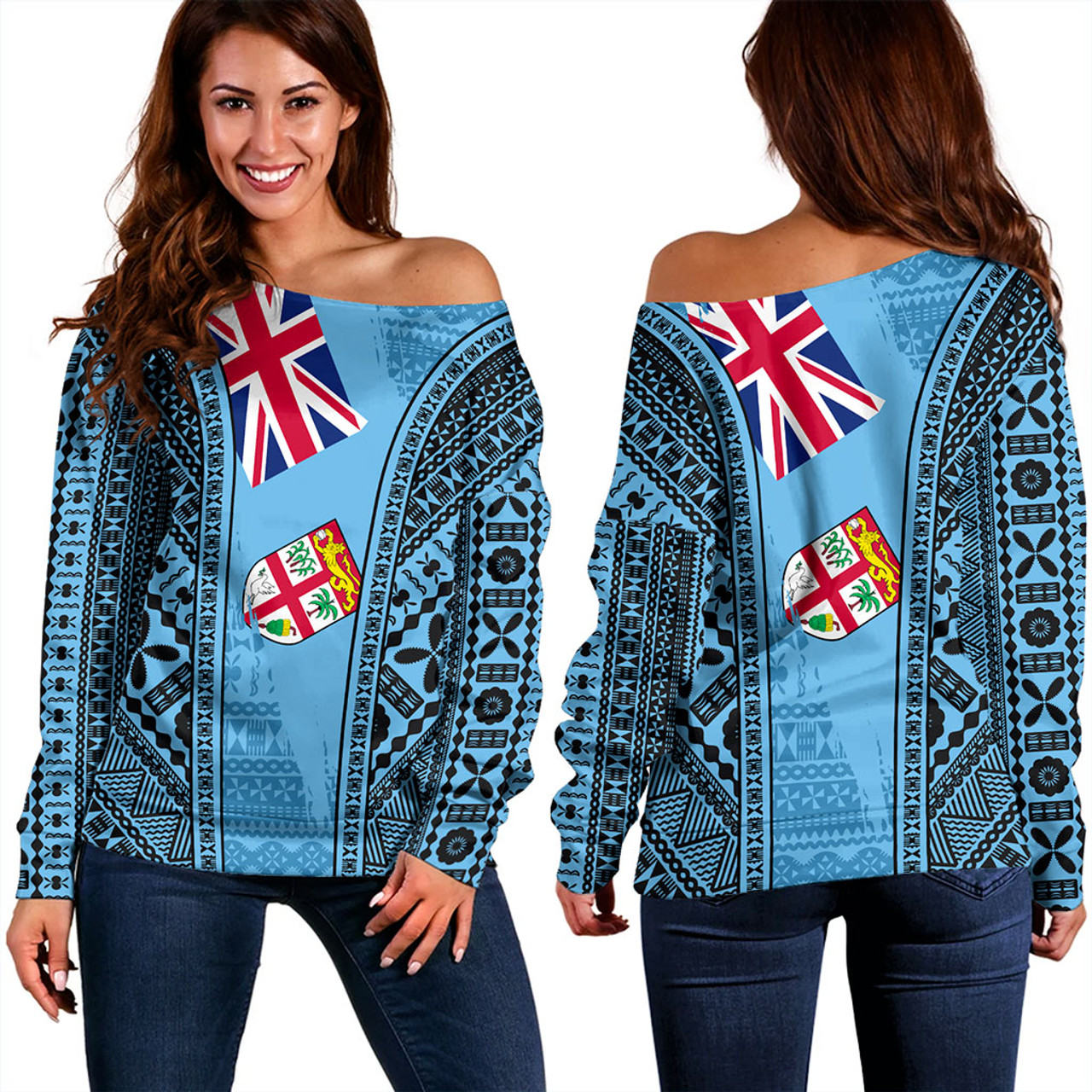 Fiji Off Shoulder Sweatshirt Bula Pattern Style Flag