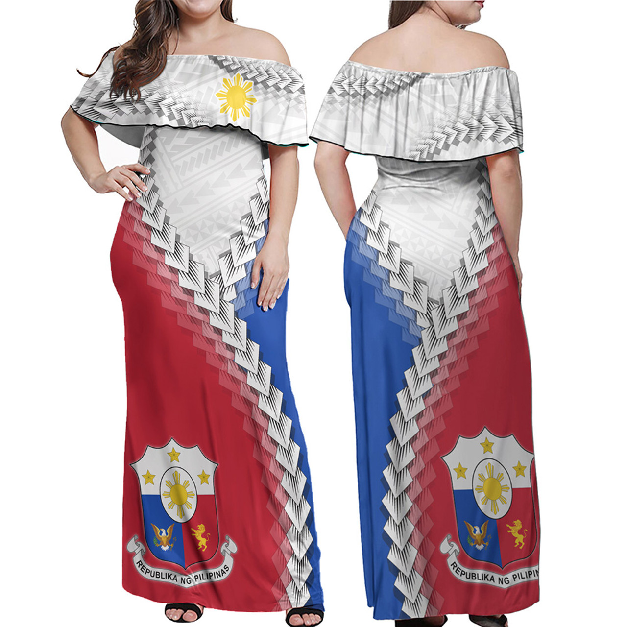 Philippines Filipinos Combo Off Shoulder Long Dress And Shirt Filipino Coat Of Arms With Tribal Patterns Flag Style