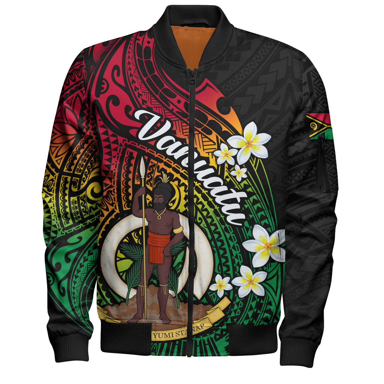 Vanuatu Bomber Jacket Custom Plumeria Flowers Tribal Motif Flag Color Design