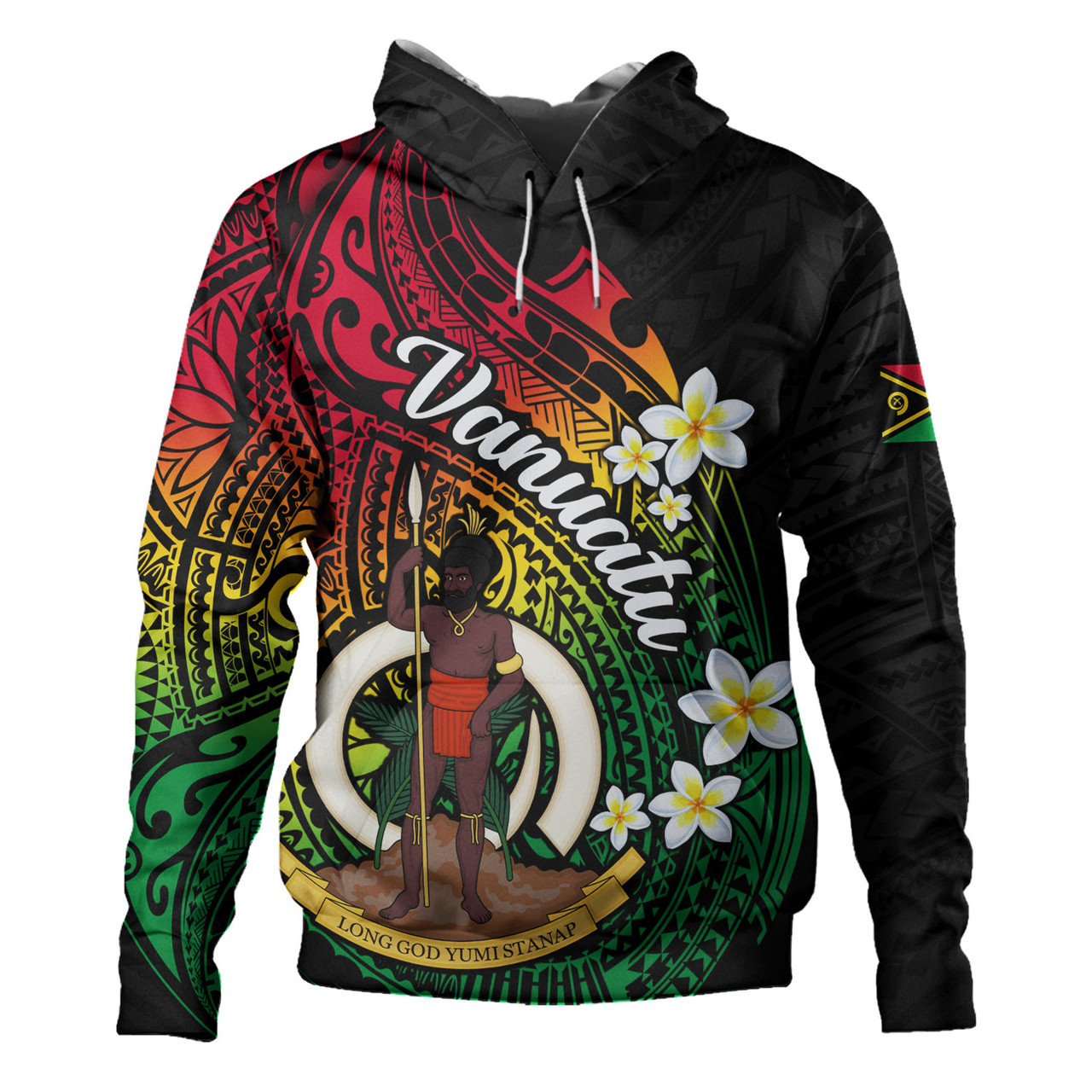 Vanuatu Hoodie Custom Plumeria Flowers Tribal Motif Flag Color Design