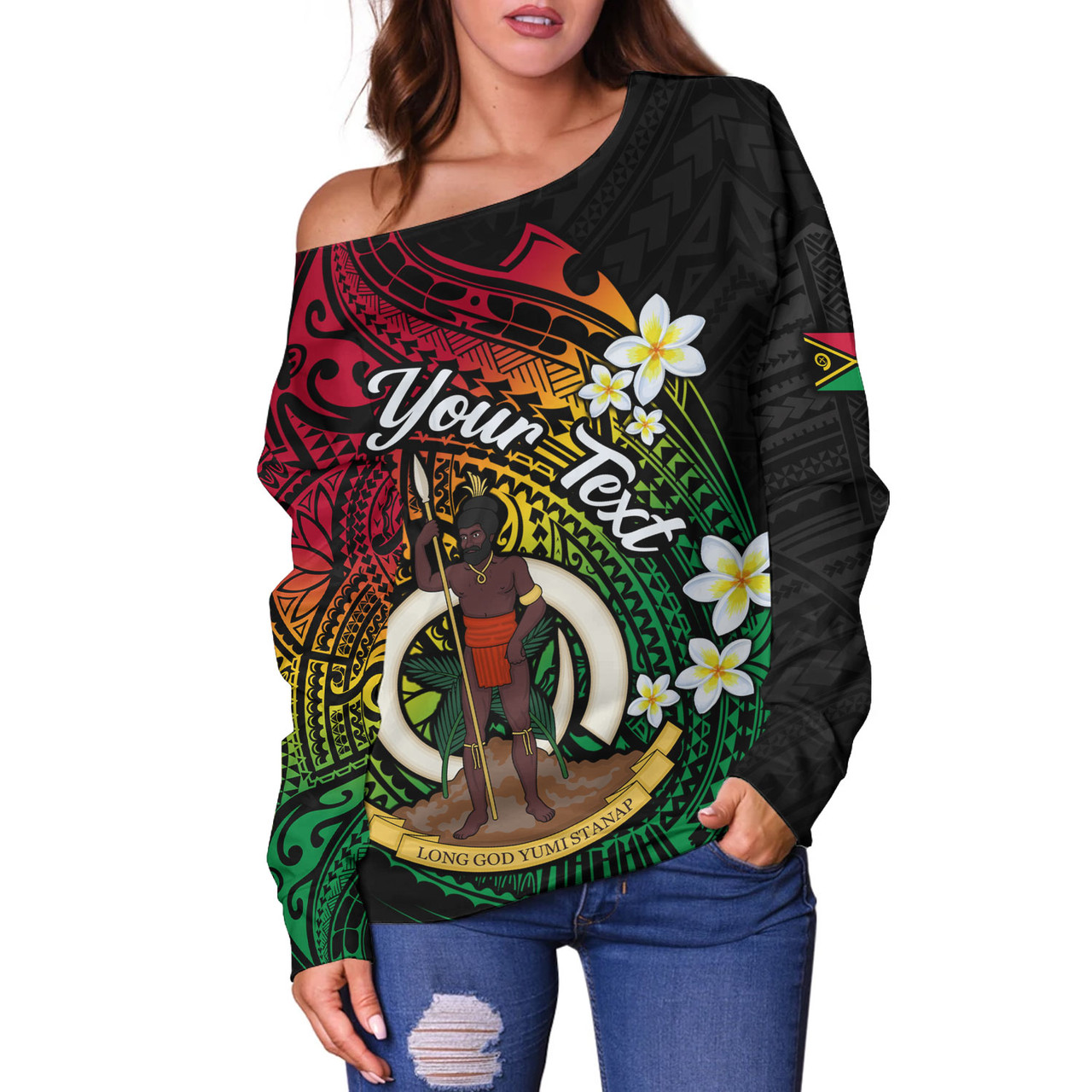 Vanuatu Off Shoulder Sweatshirt Custom Plumeria Flowers Tribal Motif Flag Color Design