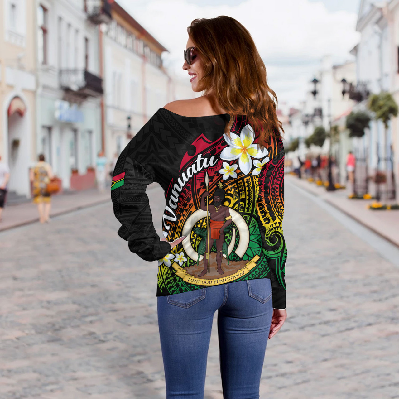 Vanuatu Off Shoulder Sweatshirt Custom Plumeria Flowers Tribal Motif Flag Color Design