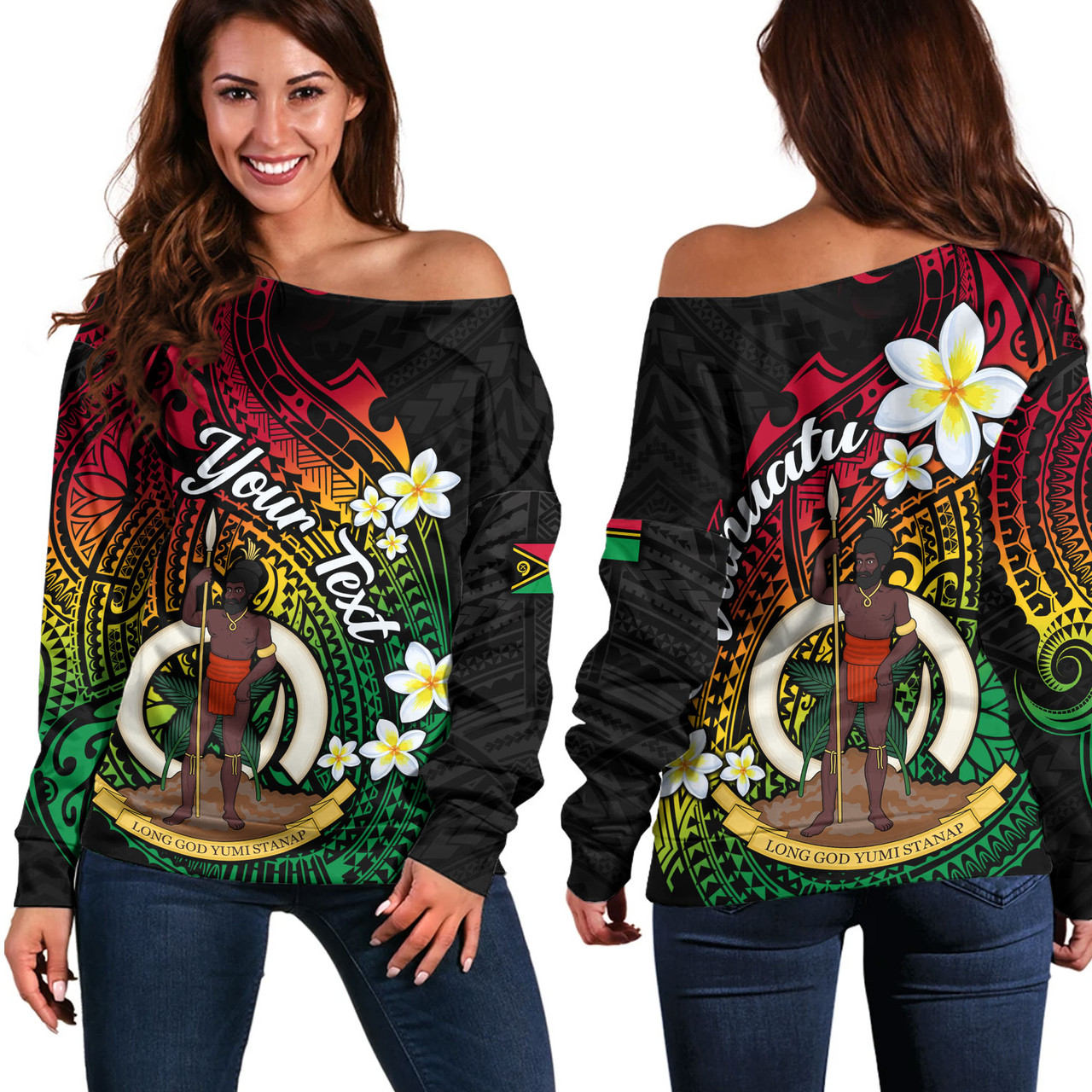 Vanuatu Off Shoulder Sweatshirt Custom Plumeria Flowers Tribal Motif Flag Color Design