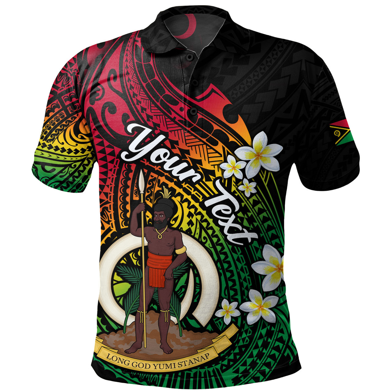 Vanuatu Polo Shirt Custom Plumeria Flowers Tribal Motif Flag Color Design