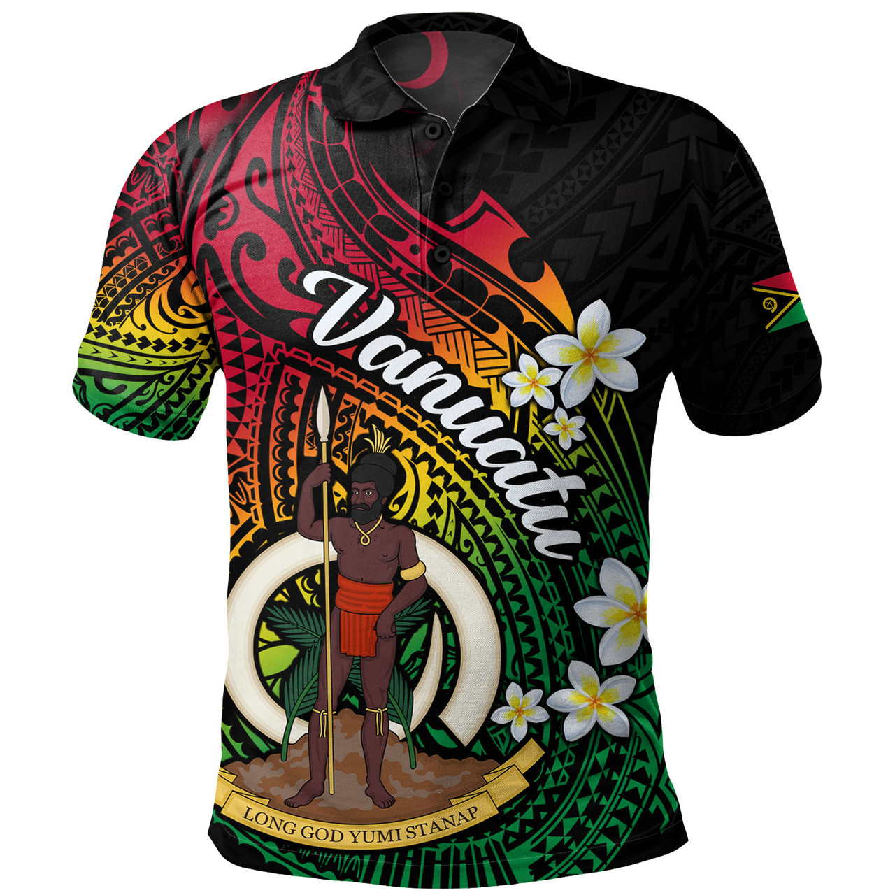 Vanuatu Polo Shirt Custom Plumeria Flowers Tribal Motif Flag Color Design