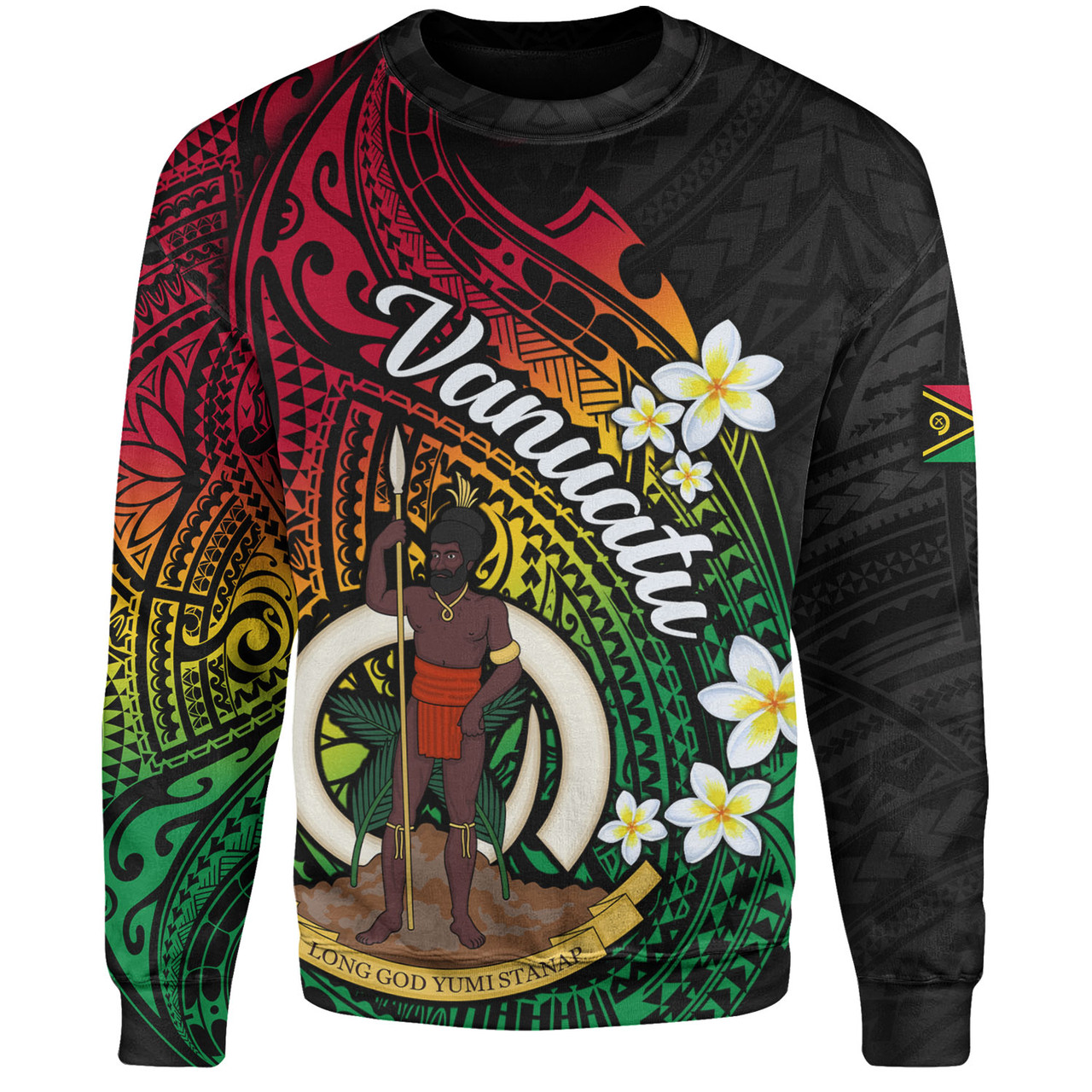 Vanuatu Sweatshirt Custom Plumeria Flowers Tribal Motif Flag Color Design