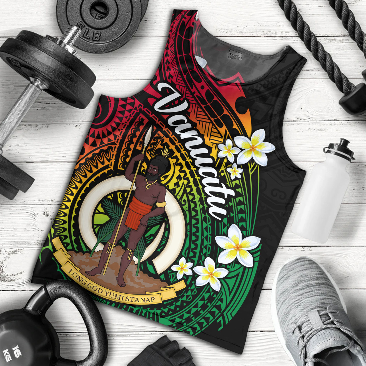 Vanuatu Tank Top Custom Plumeria Flowers Tribal Motif Flag Color Design
