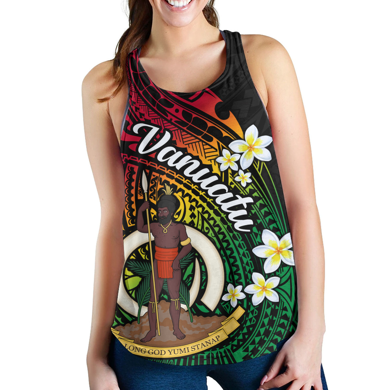 Vanuatu Women Tank Custom Plumeria Flowers Tribal Motif Flag Color Design