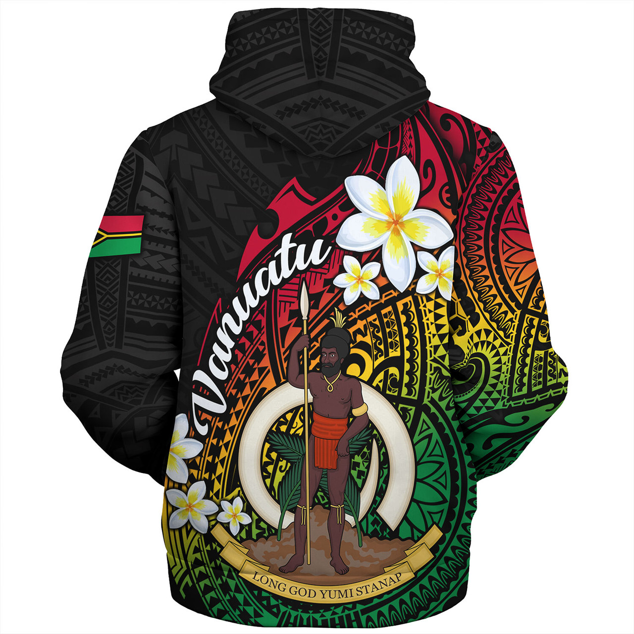 Vanuatu Sherpa Hoodie Custom Plumeria Flowers Tribal Motif Flag Color Design