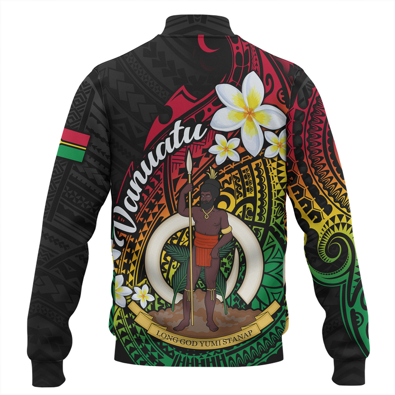 Vanuatu Baseball Jacket Custom Plumeria Flowers Tribal Motif Flag Color Design