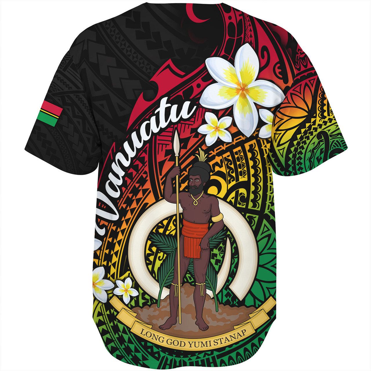 Vanuatu Baseball Shirt Custom Plumeria Flowers Tribal Motif Flag Color Design
