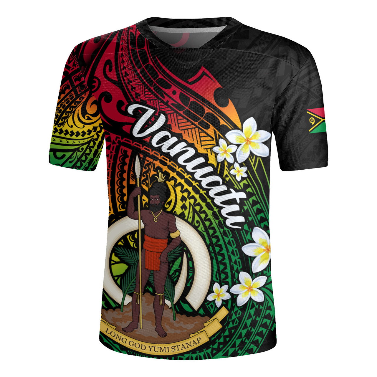 Vanuatu Rugby Jersey Custom Plumeria Flowers Tribal Motif Flag Color Design