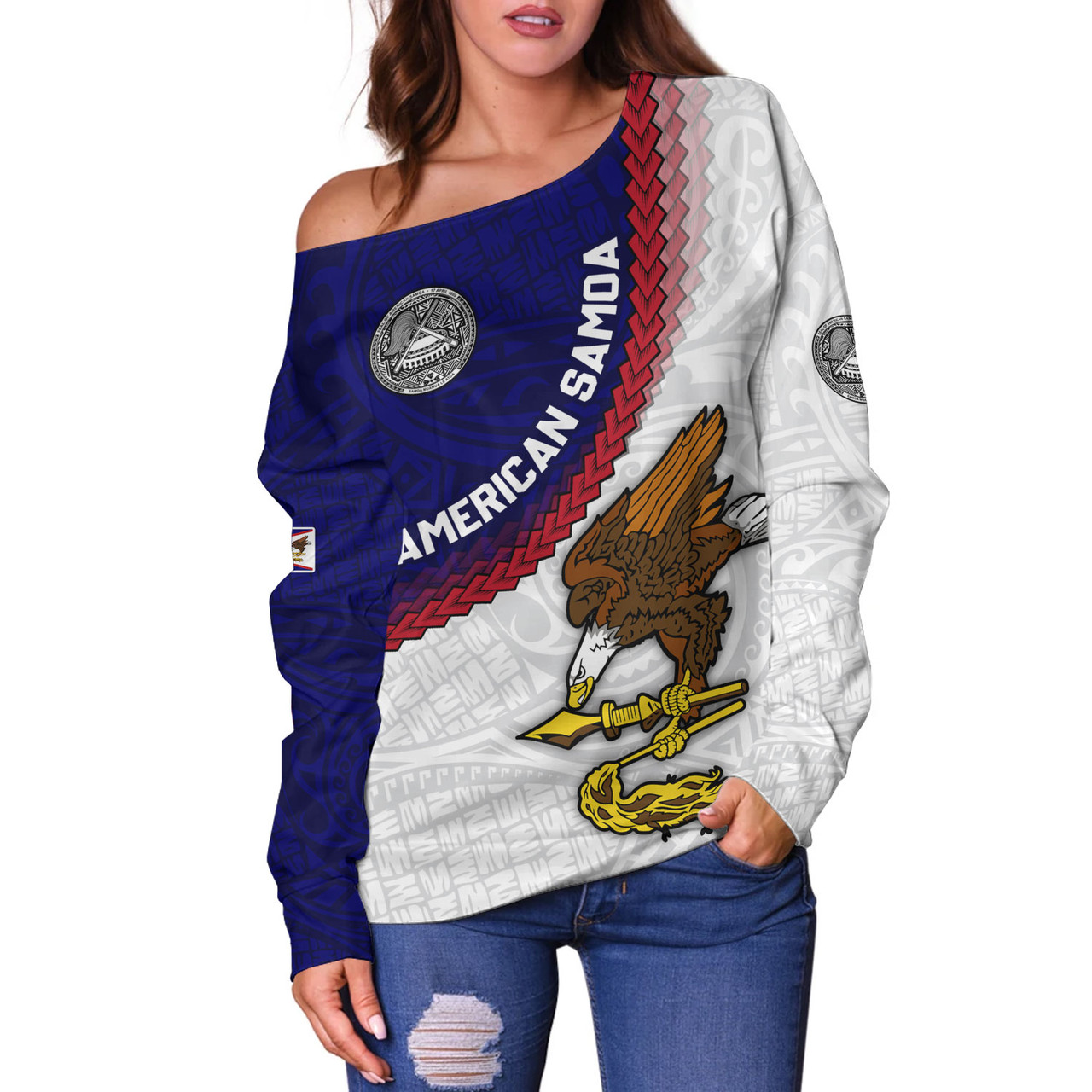 American Samoa Off Shoulder Sweatshirt Custom Polynesian Tradition Seal Flag Color