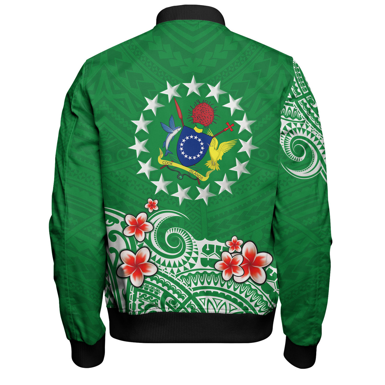 Cook Islands Bomber Jacket Plumeria Flowers Tribal Motif Design