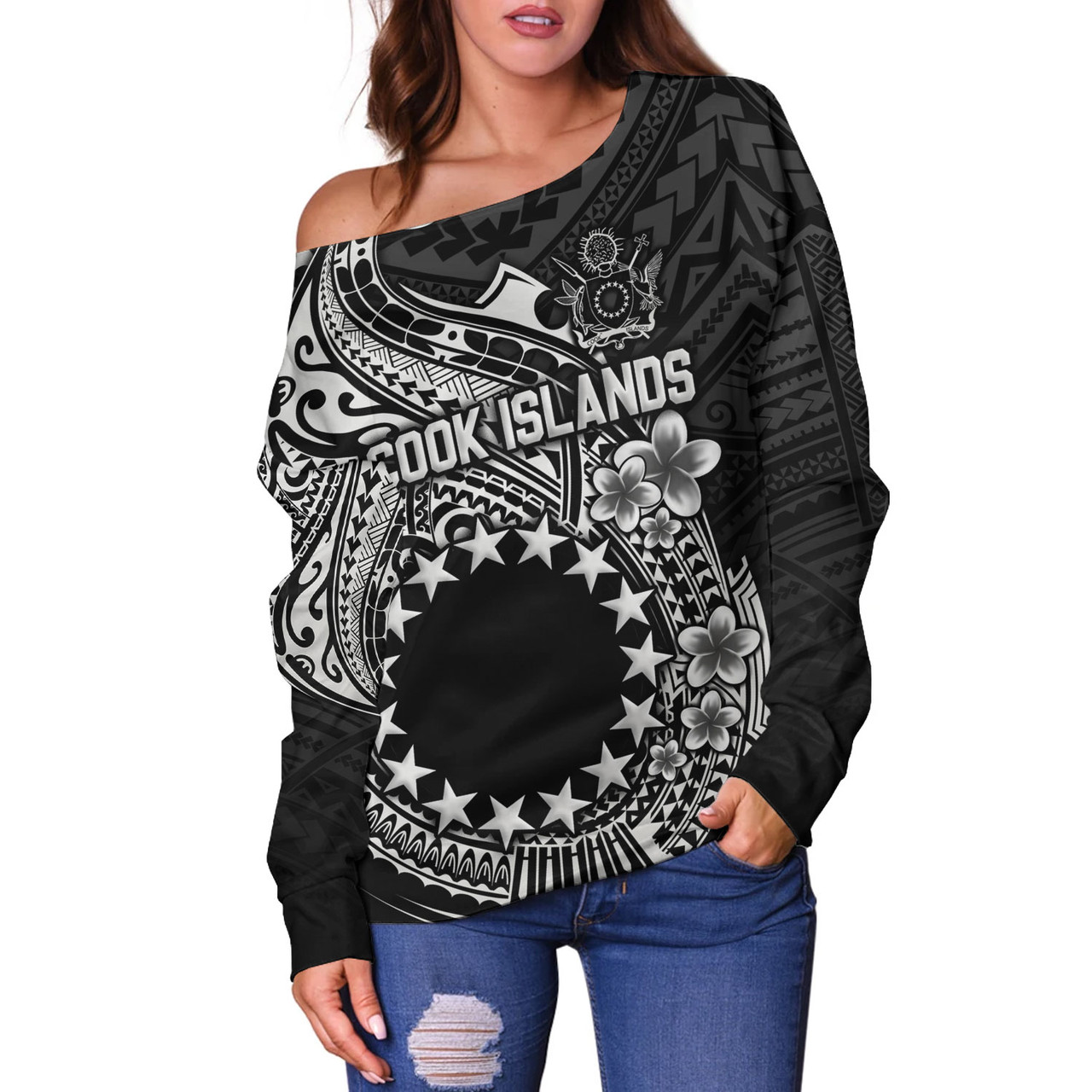 Cook Islands Off Shoulder Sweatshirt Plumeria Flowers Tribal Motif Design