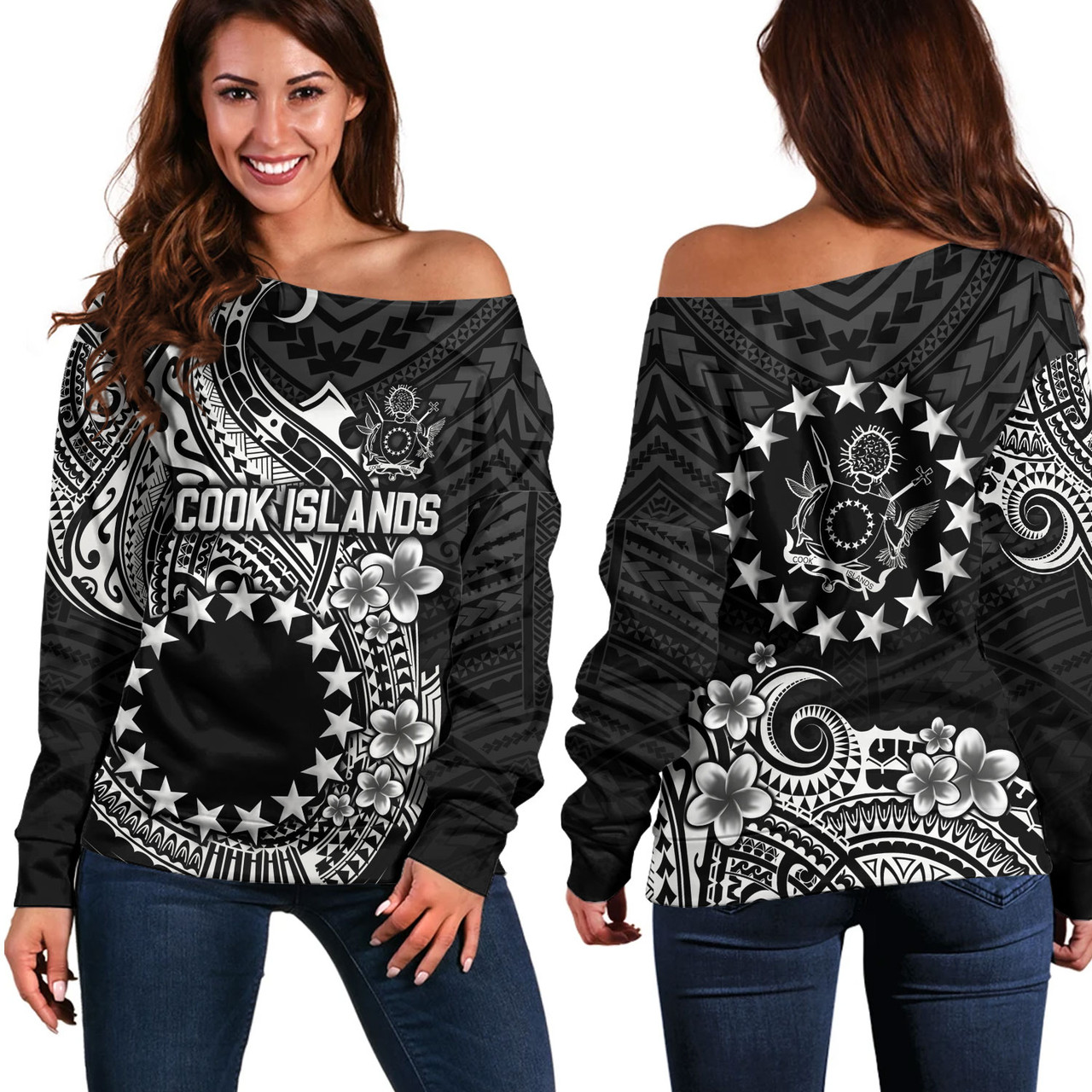 Cook Islands Off Shoulder Sweatshirt Plumeria Flowers Tribal Motif Design