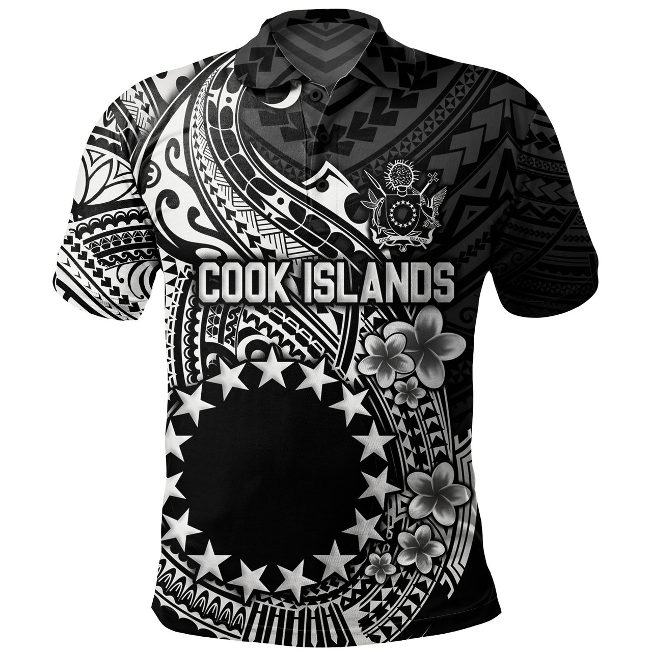 Cook Islands Polo Shirt Plumeria Flowers Tribal Motif Design