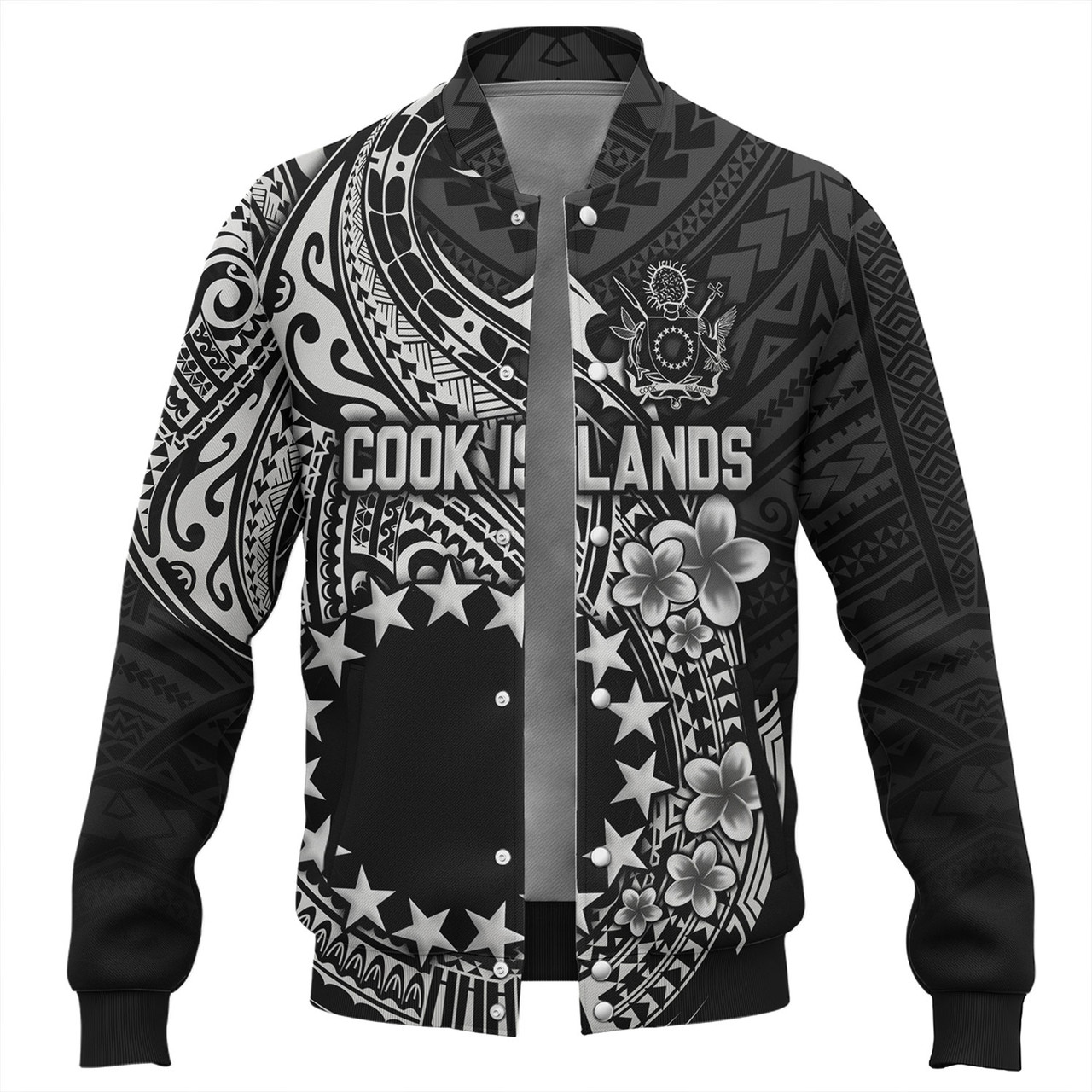 Cook Islands Baseball Jacket Plumeria Flowers Tribal Motif Design