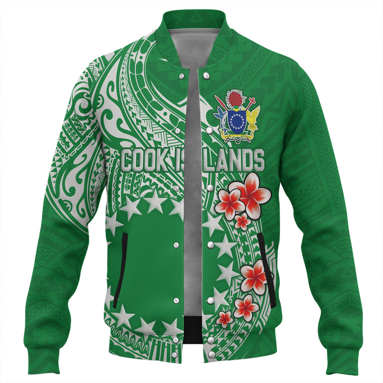 Cook Islands Baseball Jacket Plumeria Flowers Tribal Motif Design