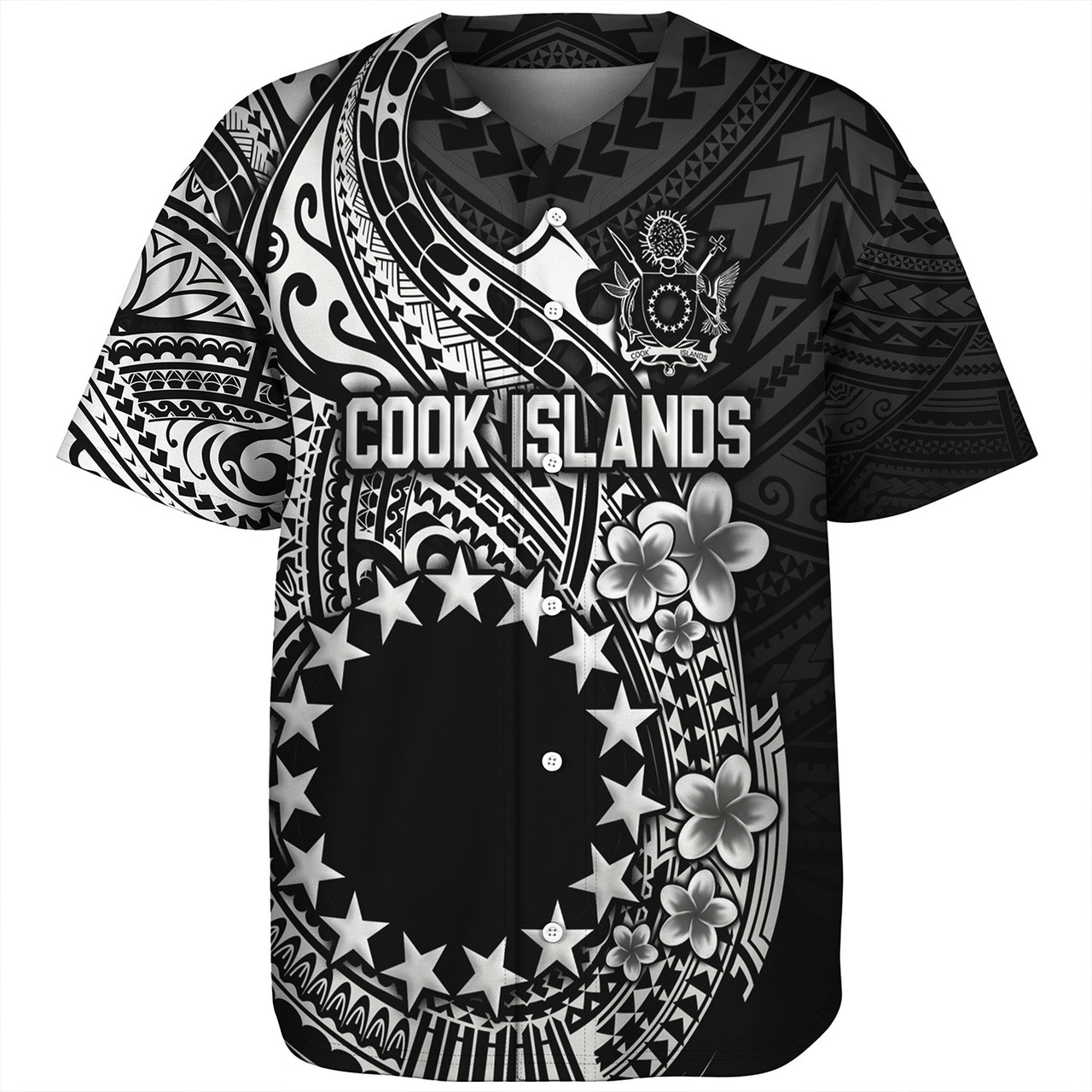Cook Islands Baseball Shirt Plumeria Flowers Tribal Motif Design