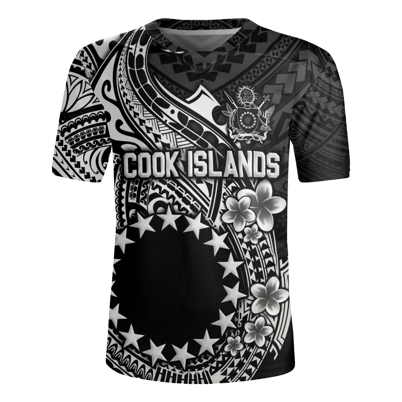 Cook Islands Rugby Jersey Plumeria Flowers Tribal Motif Design