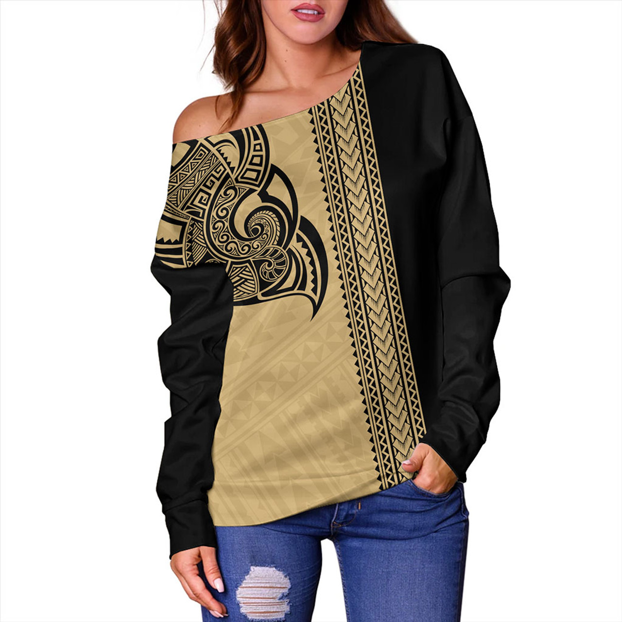 Hawaii Off Shoulder Sweatshirt Polynesia Tribal Tattoo