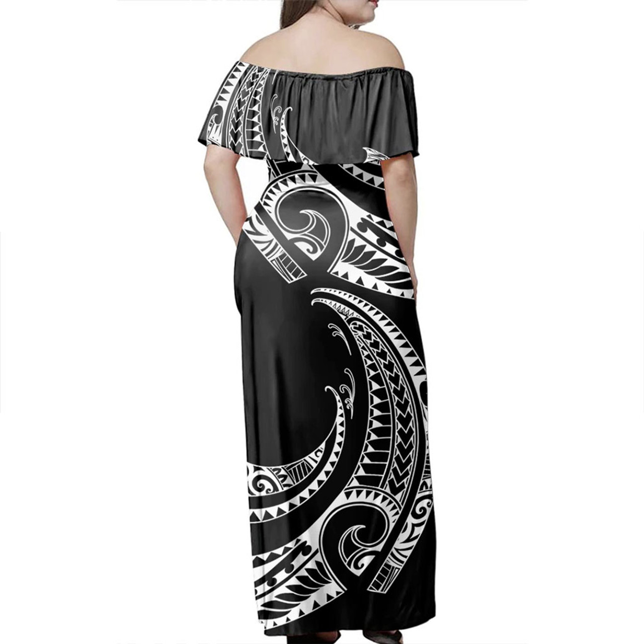 Hawaii Off Shoulder Long Dress Polynesia Tribal Wave Style