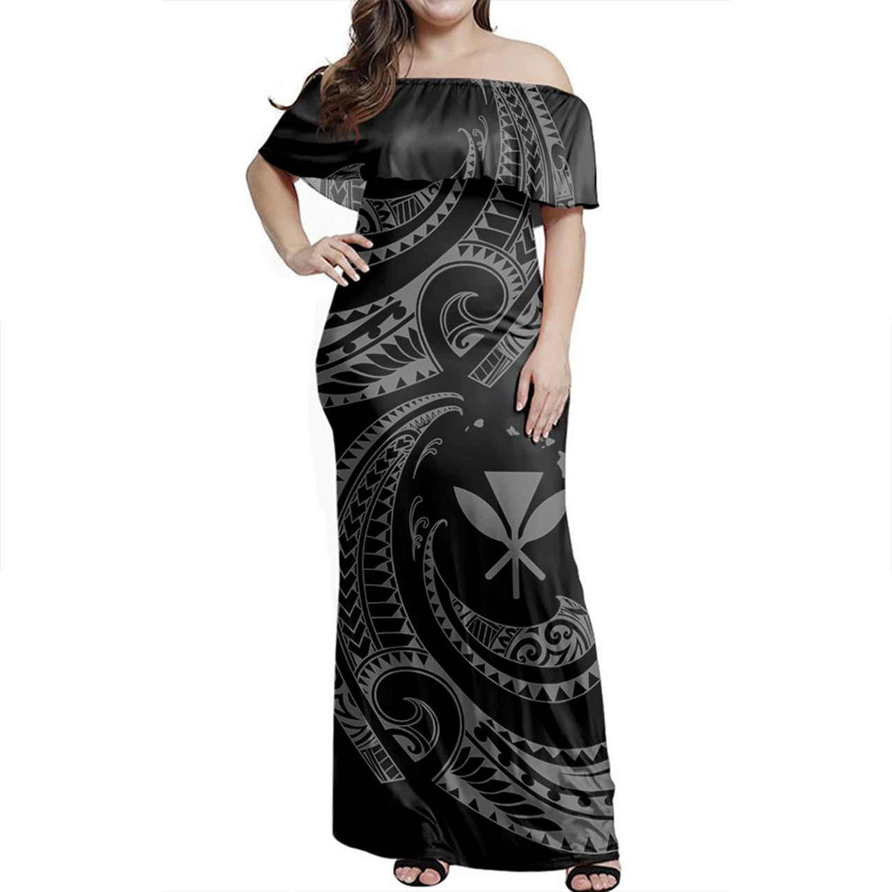 Hawaii Off Shoulder Long Dress Polynesia Tribal Wave Style