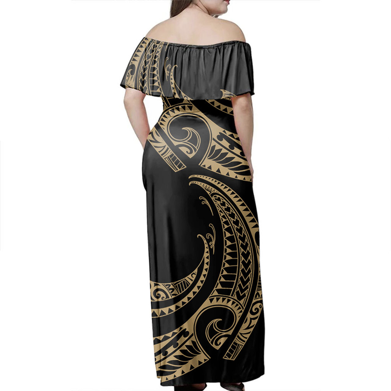 Hawaii Off Shoulder Long Dress Polynesia Tribal Wave Style