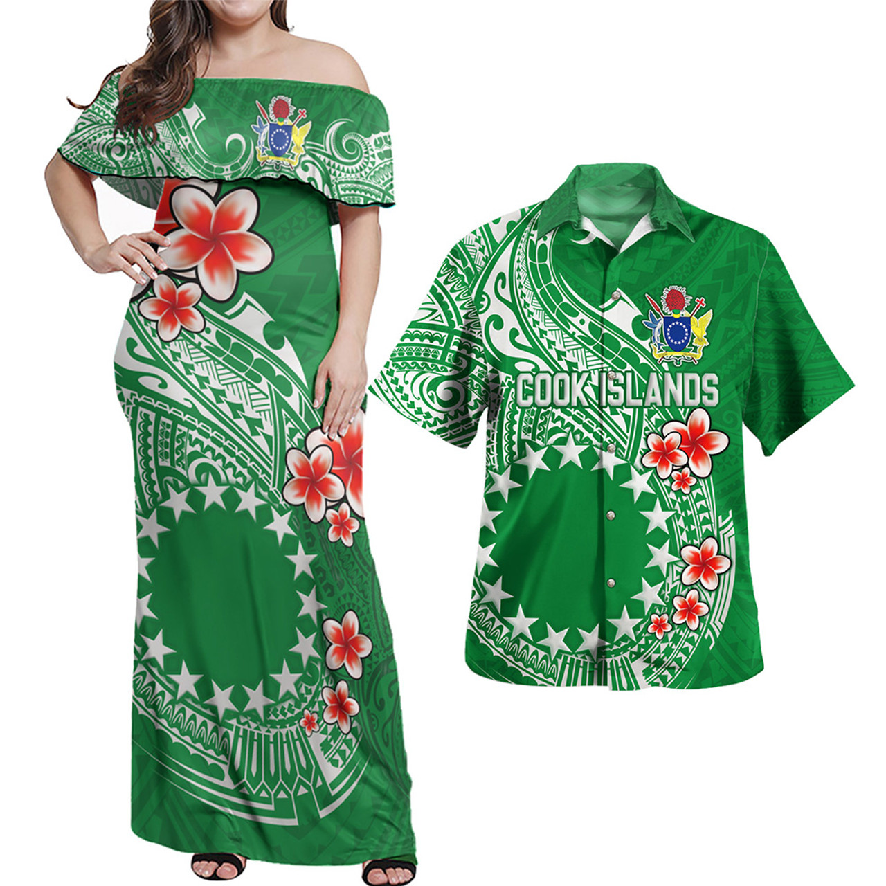 Cook Islands Combo Off Shoulder Long Dress And Shirt Plumeria Flowers Tribal Motif Design