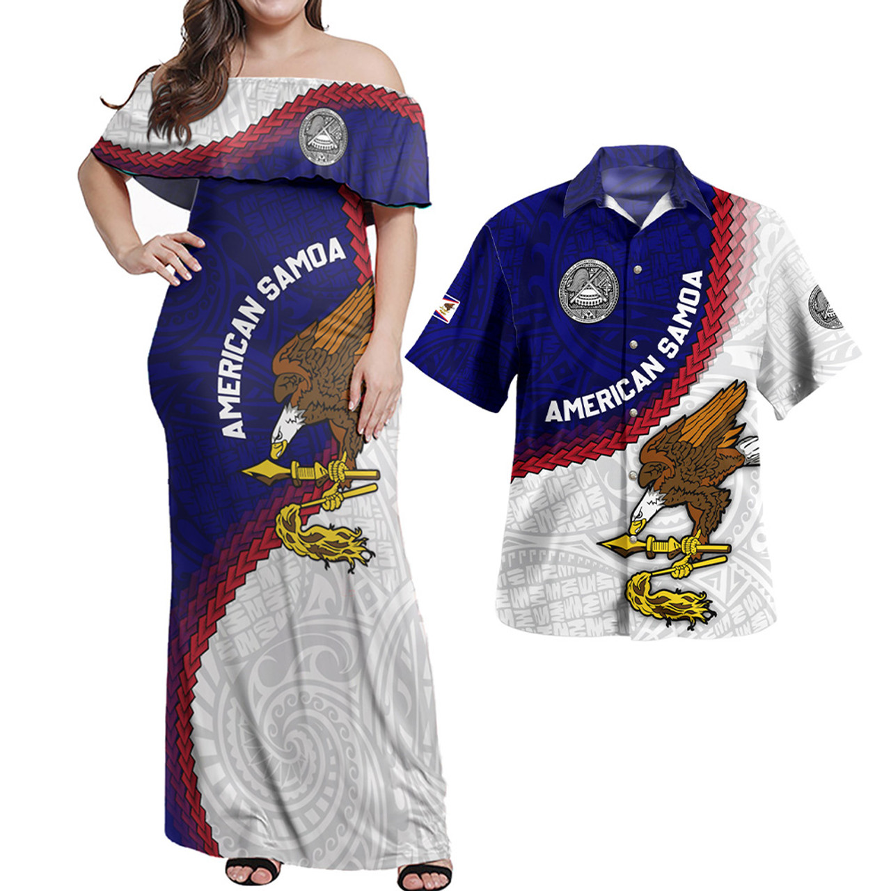 Samoa Combo Off Shoulder Long Dress And Shirt Samoa Coat Of Arms With Polynesian Tattoo Flag Style