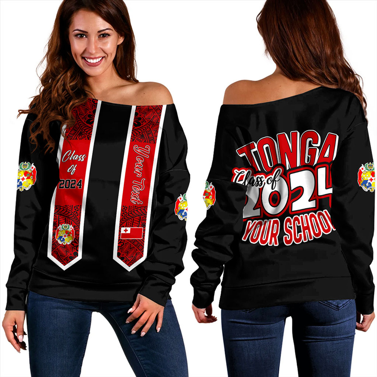 Tonga Off Shoulder Sweatshirt Custom Flag Polynesia Tribal Grad Style