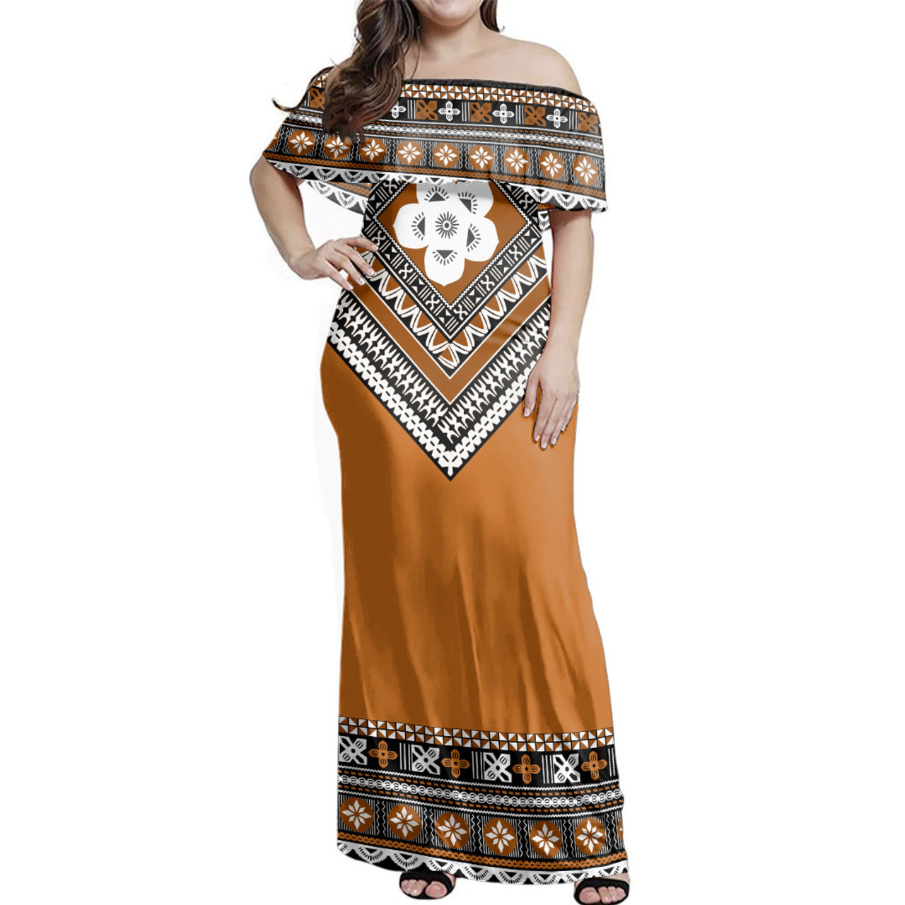 Fiji Woman Off Shoulder Long Dress Masi Tapa Pattern