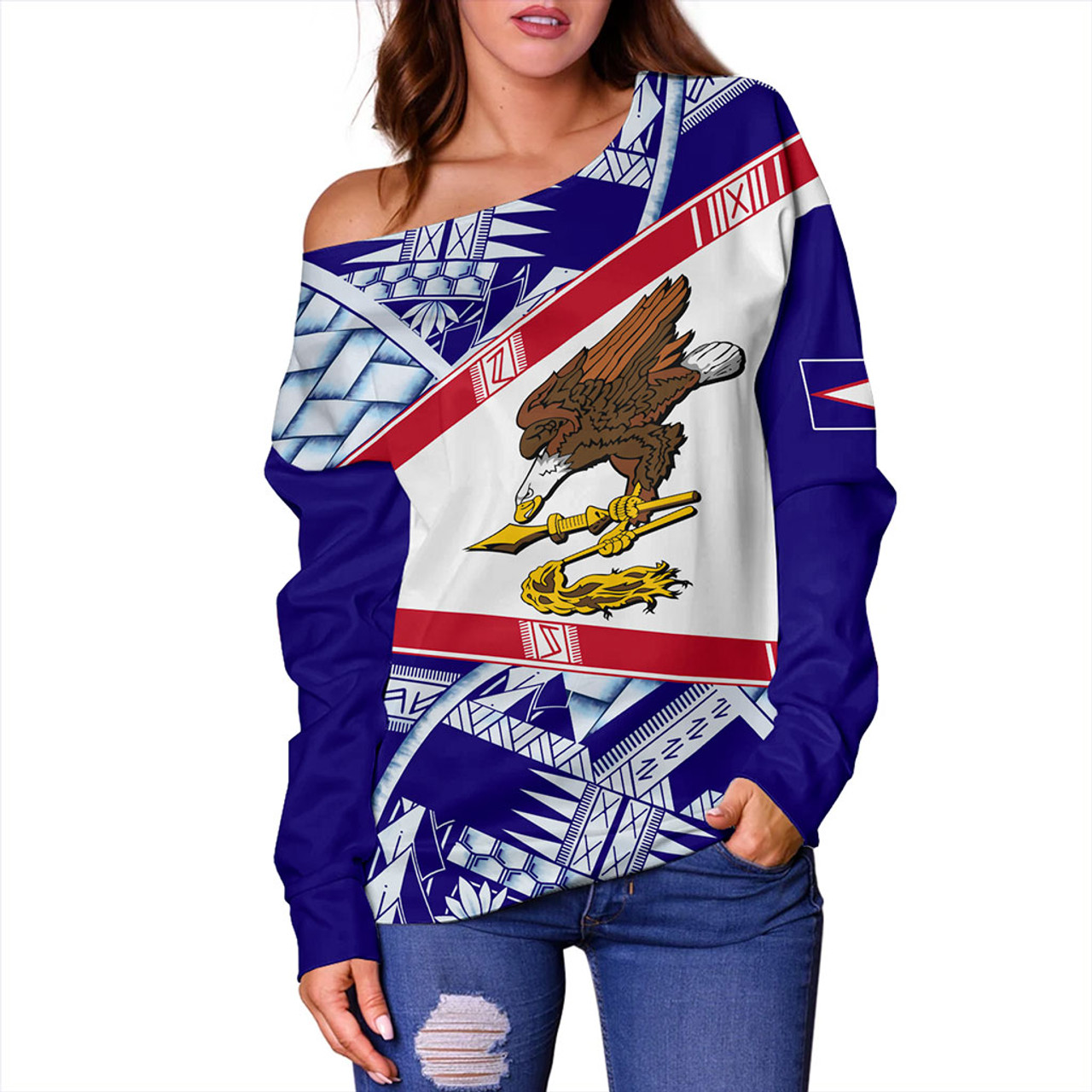 American Samoa Off Shoulder Sweatshirt Flag Design With Pattern