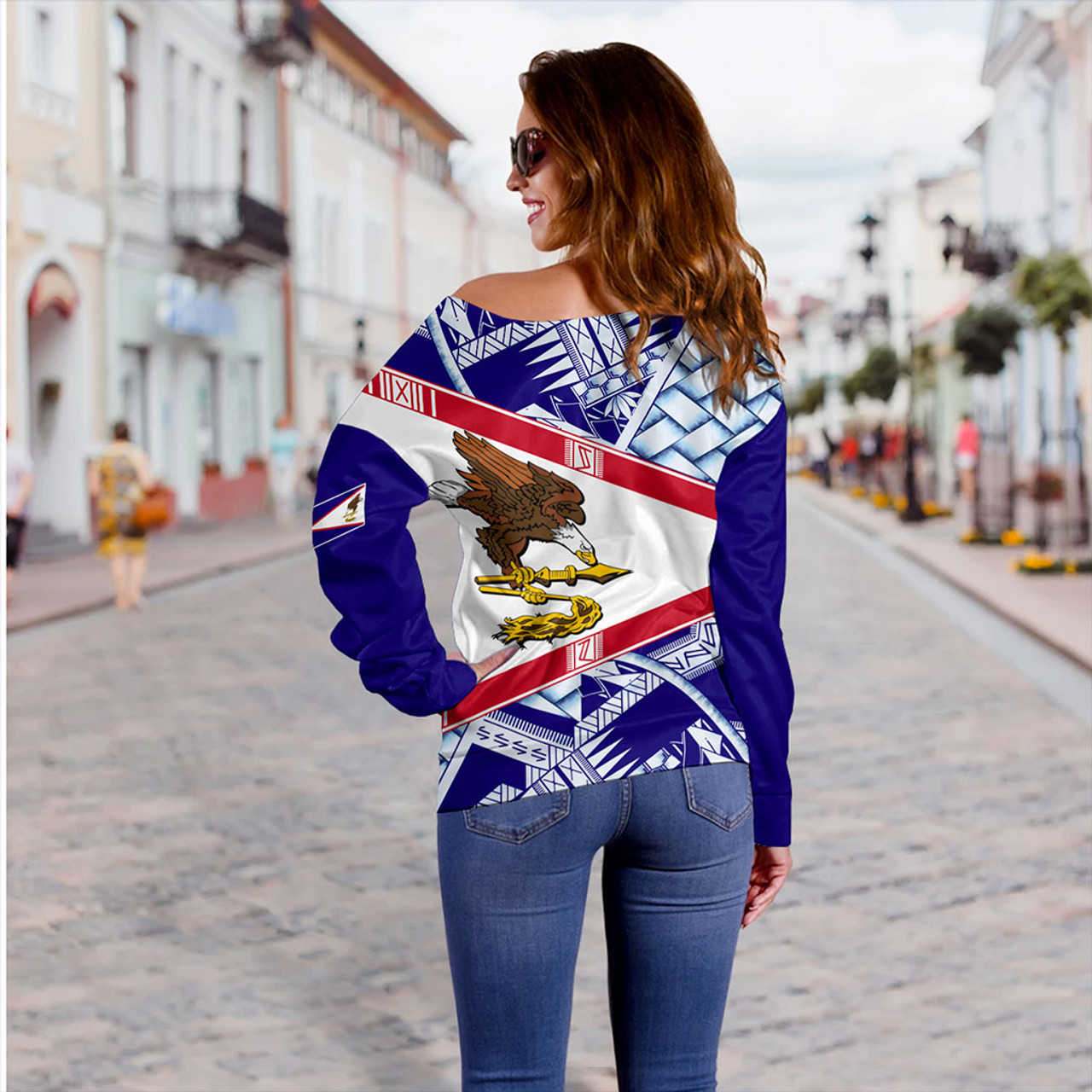 American Samoa Off Shoulder Sweatshirt Flag Design With Pattern