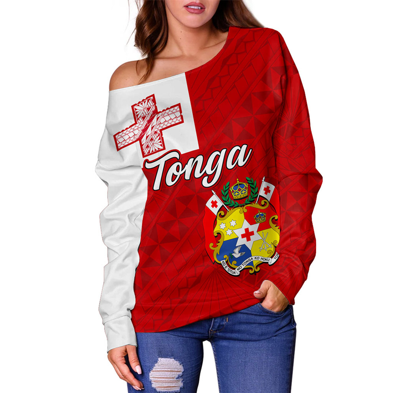 Tonga Off Shoulder Sweatshirt Flag Design With Pattern