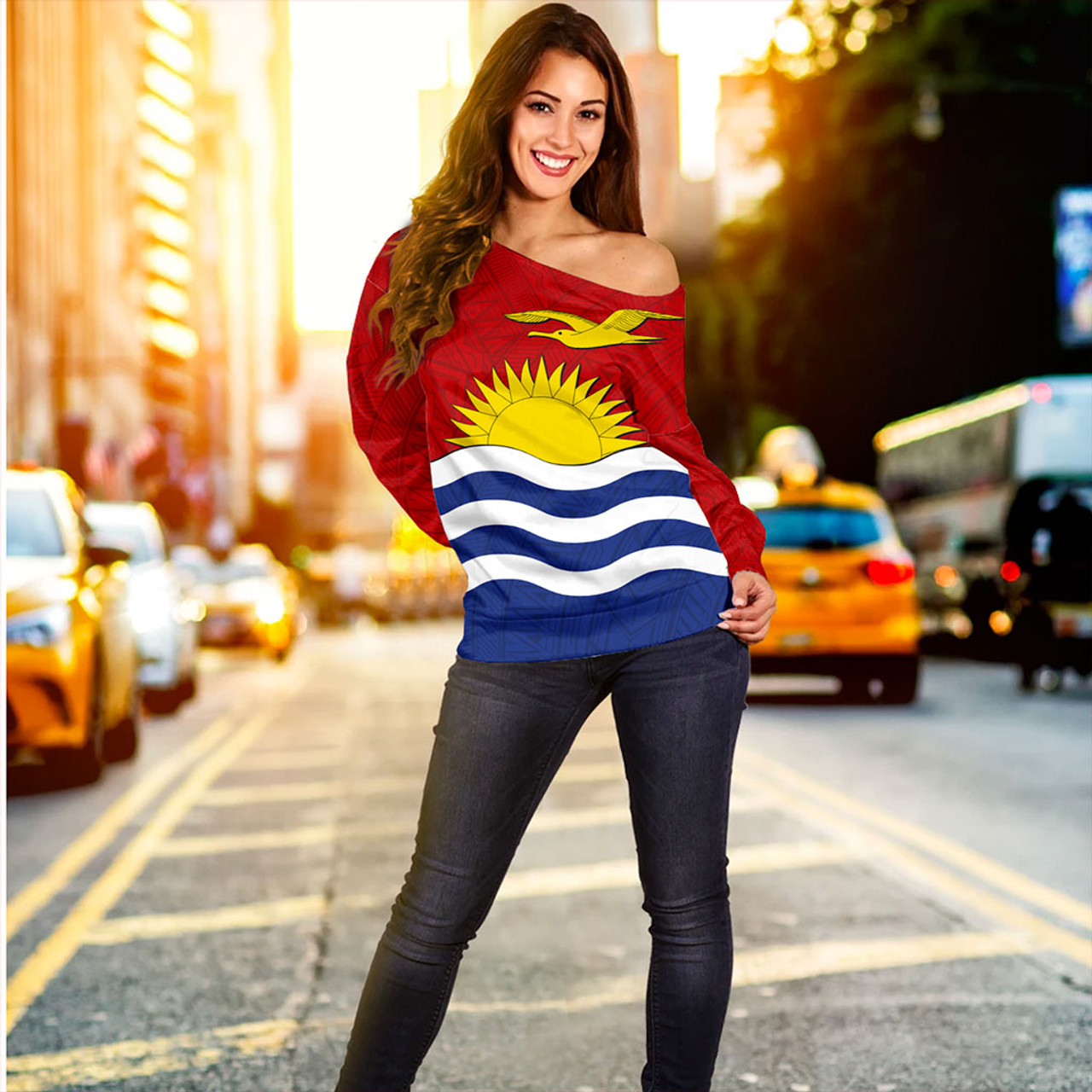 Kiribati Off Shoulder Sweatshirt Flag Design With Pattern