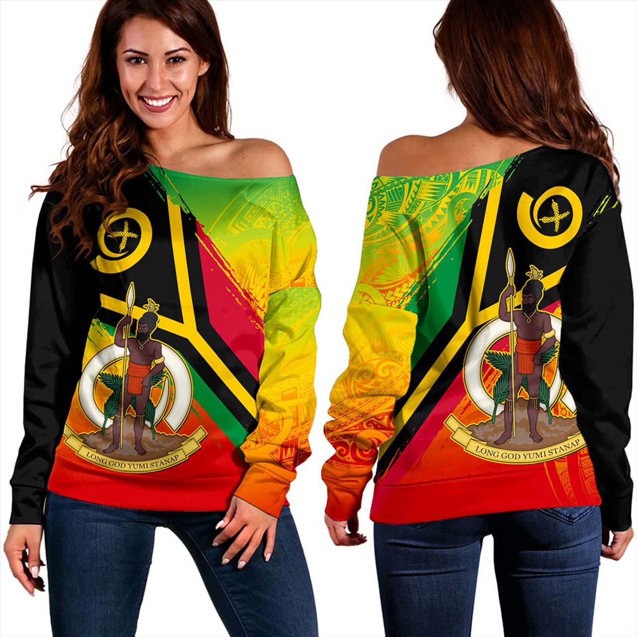 Vanuatu Off Shoulder Sweatshirt Tribal Pattern Flag Grunge