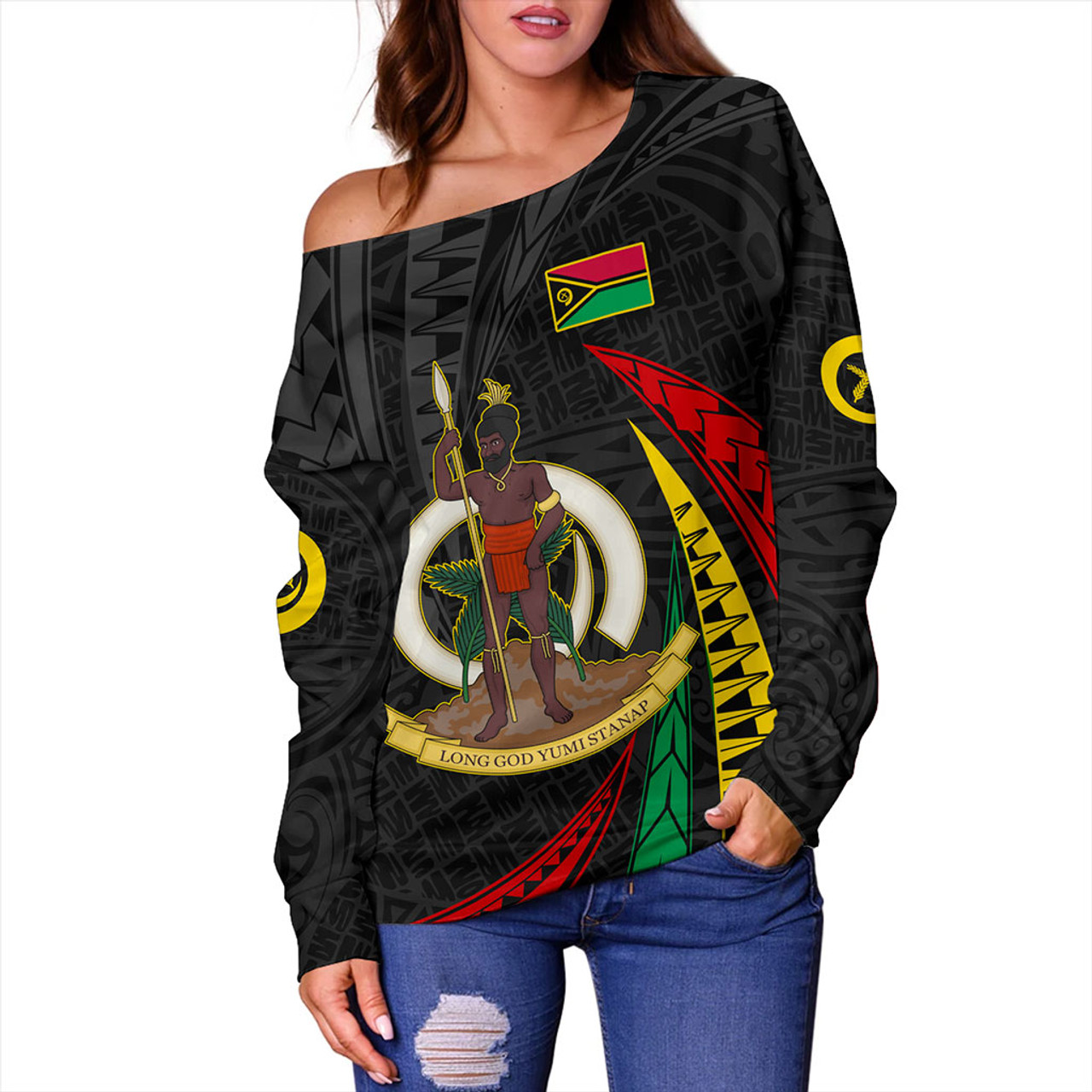 Vanuatu Off Shoulder Sweatshirt Melanesian Tribal Wave