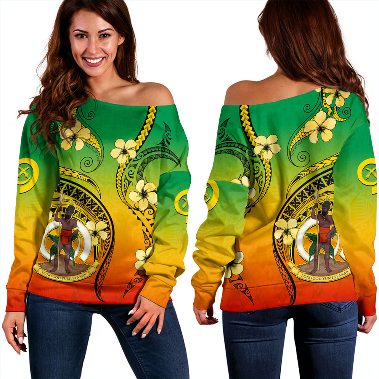 Vanuatu Off Shoulder Sweatshirt Melanesian Style Plumeria Flower