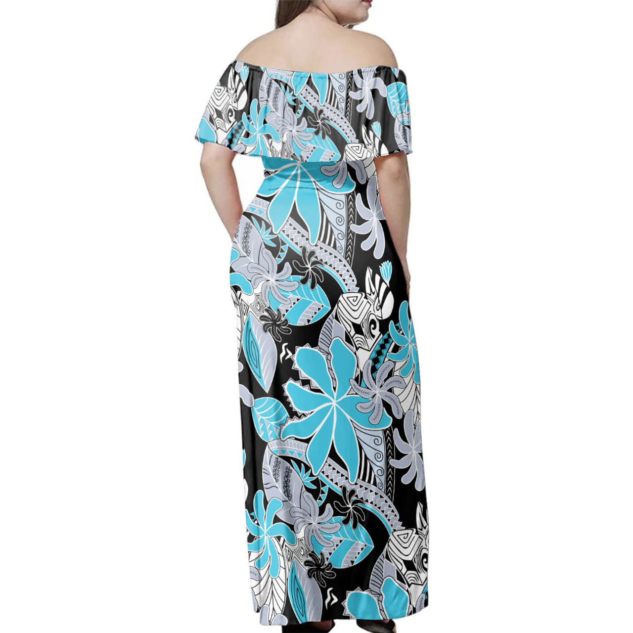 Hawaii  Woman Off Shoulder Long Dress Tribal Flower Pacific Island