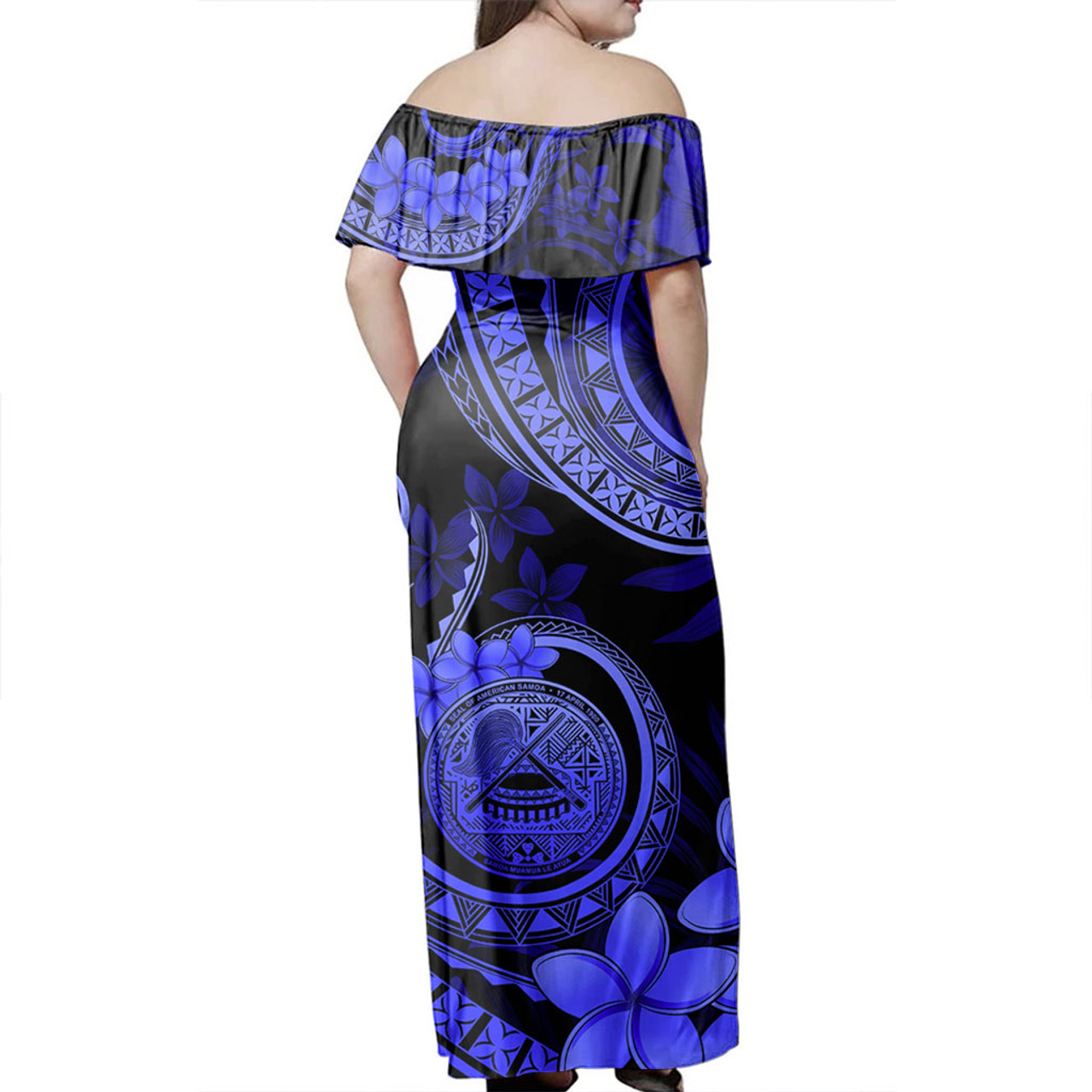 American Samoa Woman Off Shoulder Long Dress Tribal Plumeria Siapo Coat Of Arms Blue