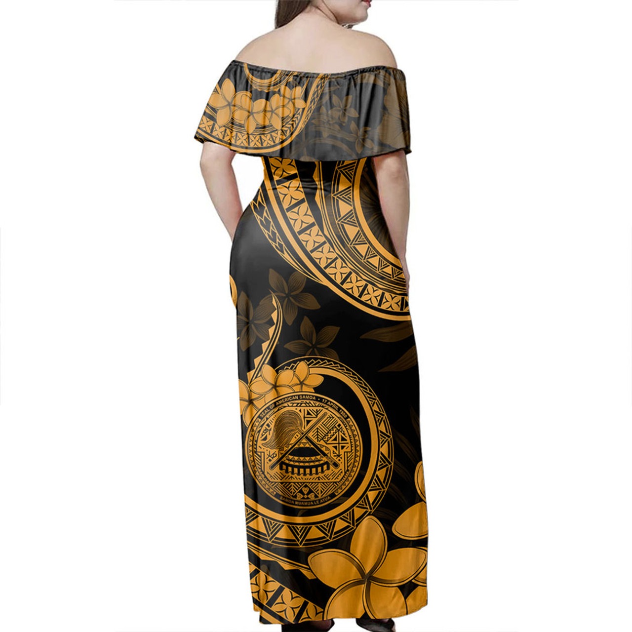 American Samoa Woman Off Shoulder Long Dress Tribal Plumeria Siapo Coat Of Arms Gold