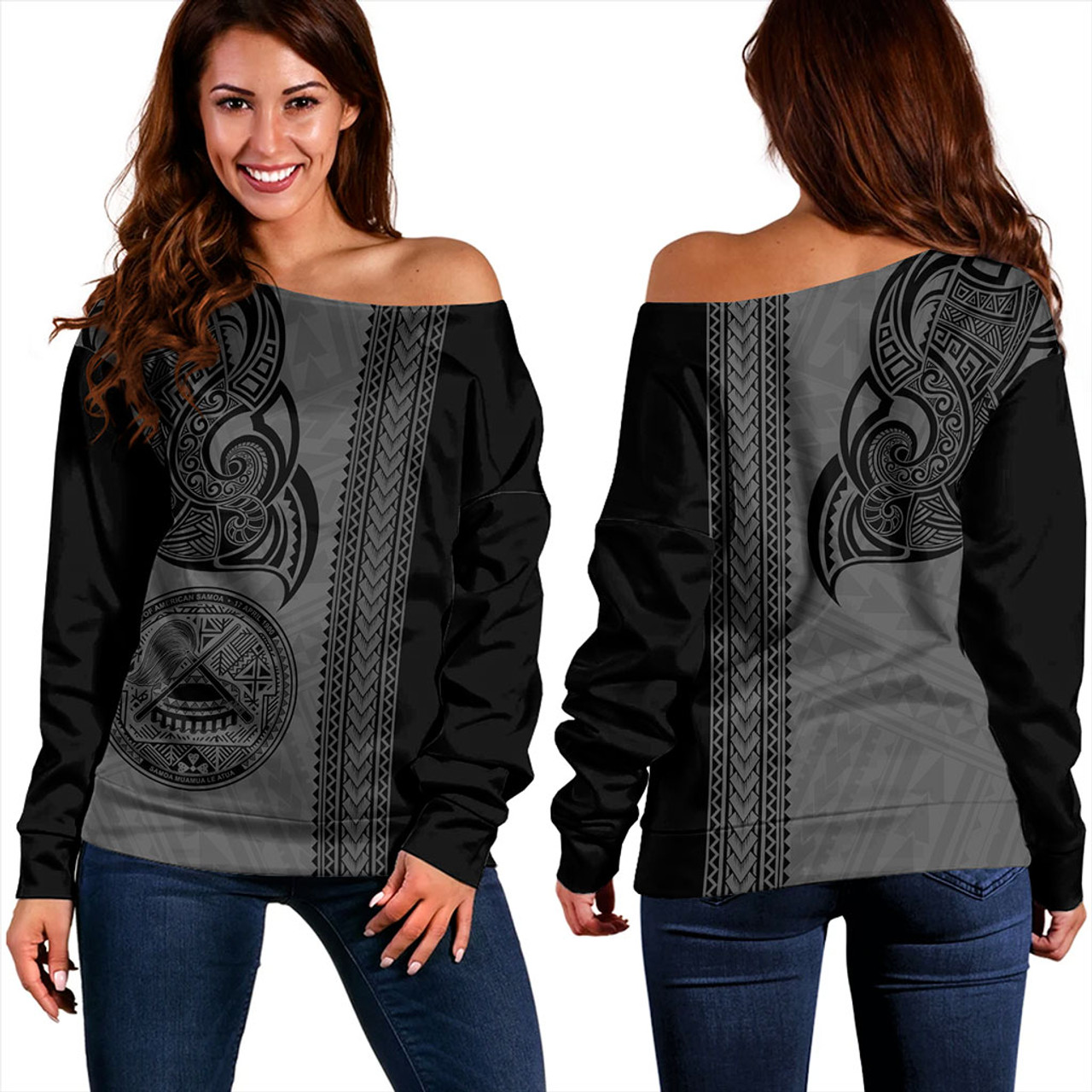 American Samoa Off Shoulder Sweatshirt Polynesia Tribal Tattoo Grey