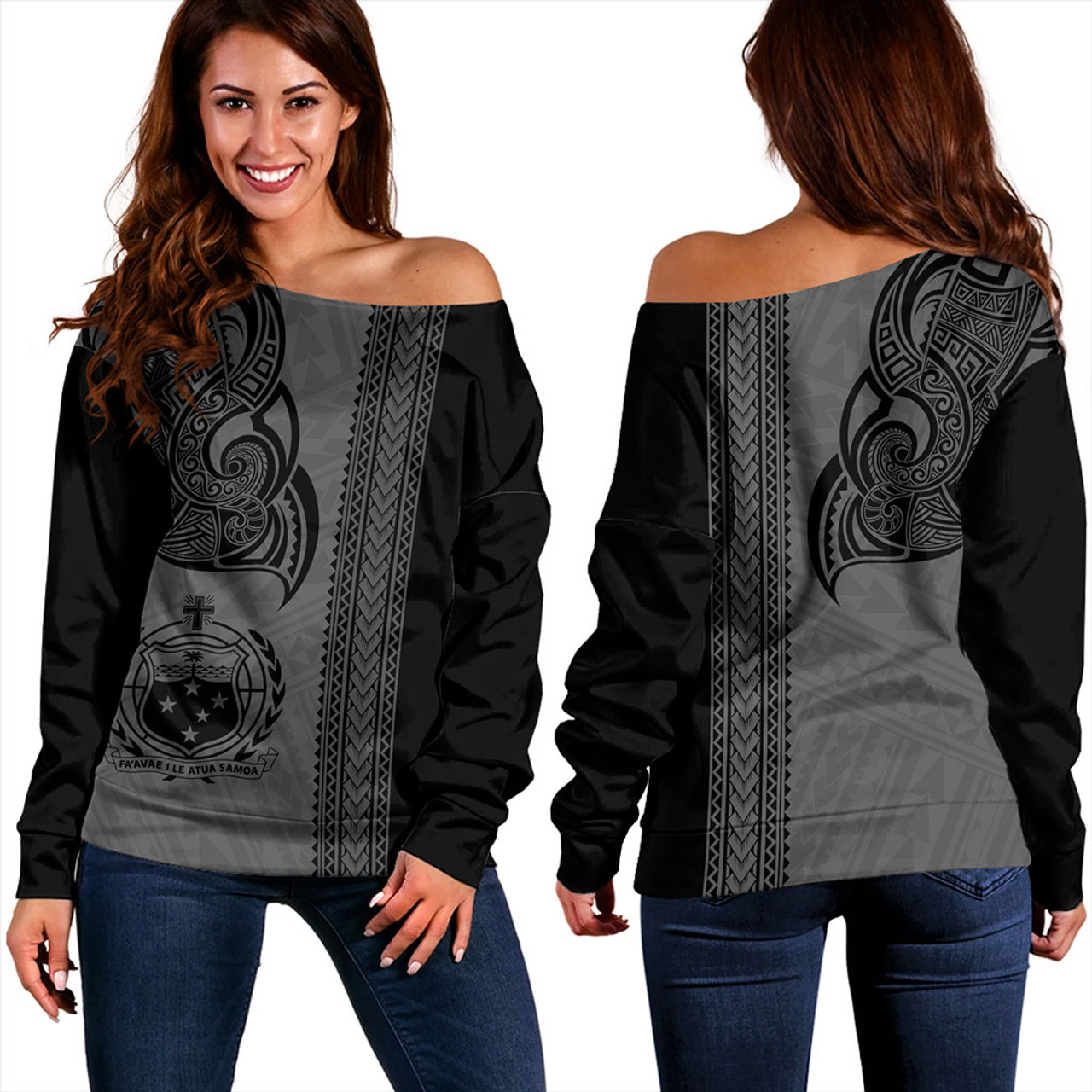 Samoa Off Shoulder Sweatshirt Polynesia Tribal Tattoo Grey