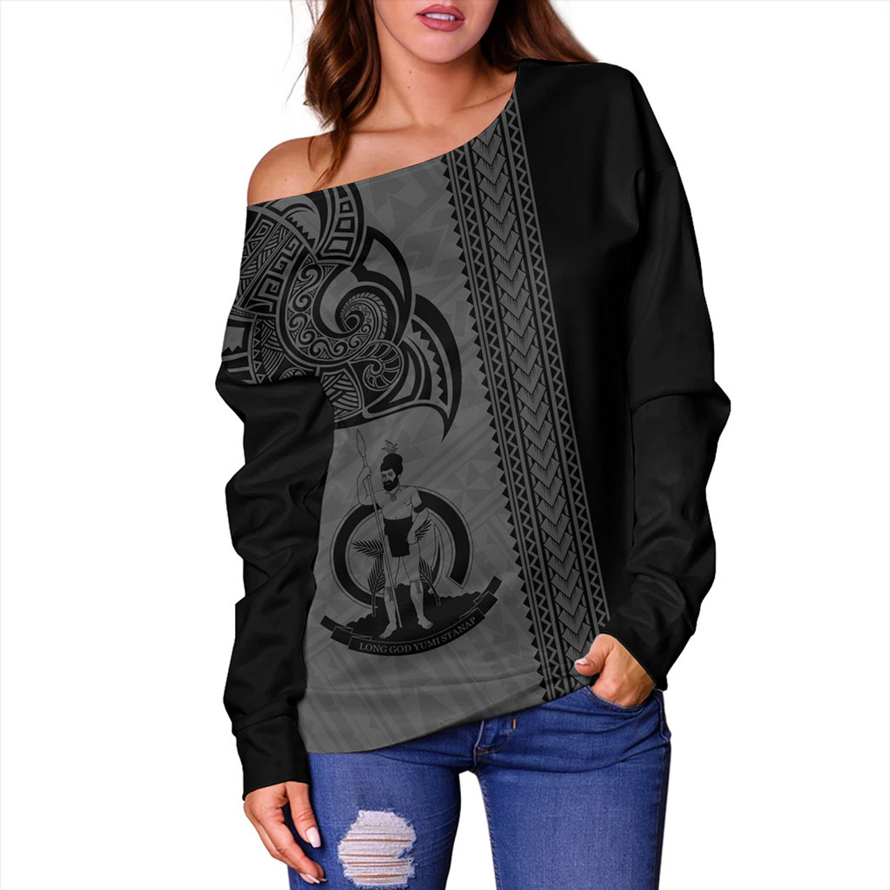 Vanuatu Off Shoulder Sweatshirt Polynesia Tribal Tattoo Grey